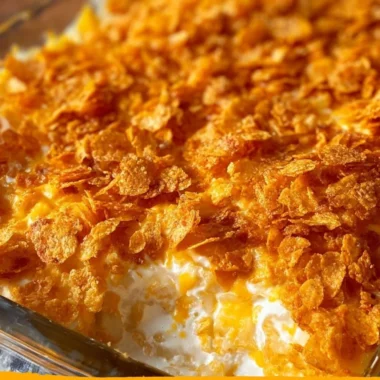Delicious funeral potatoes casserole topped with crunchy corn flakes