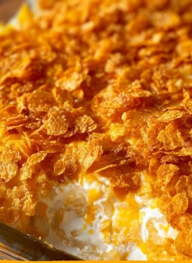 Delicious funeral potatoes casserole topped with crunchy corn flakes