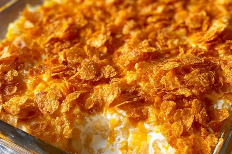 Delicious funeral potatoes casserole topped with crunchy corn flakes
