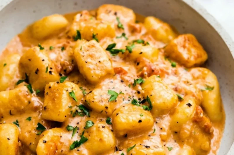 A bowl of garlic butter gnocchi with herbs and melted butter