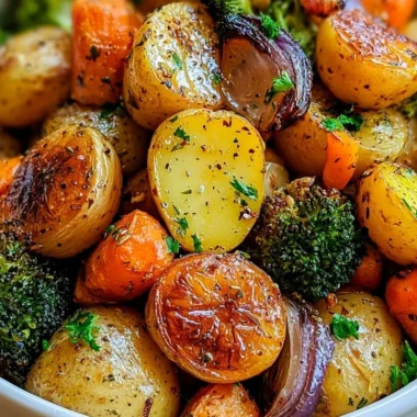Delicious garlic herb roasted potatoes and assorted veggies on a plate