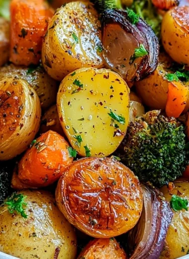 Delicious garlic herb roasted potatoes and assorted veggies on a plate