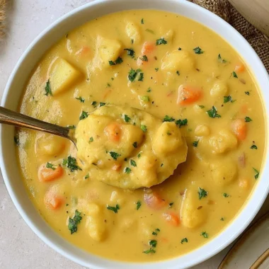 Bowl of creamy German potato soup topped with fresh herbs