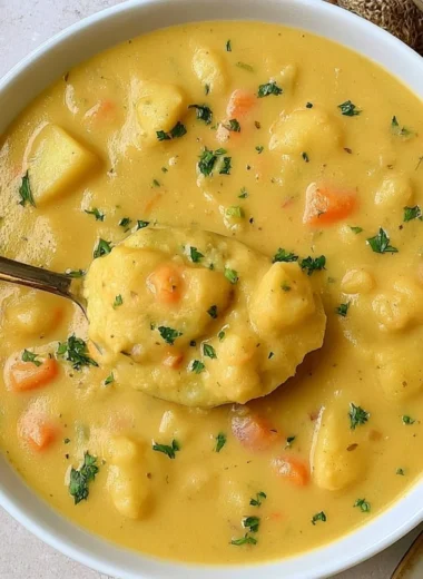 Bowl of creamy German potato soup topped with fresh herbs