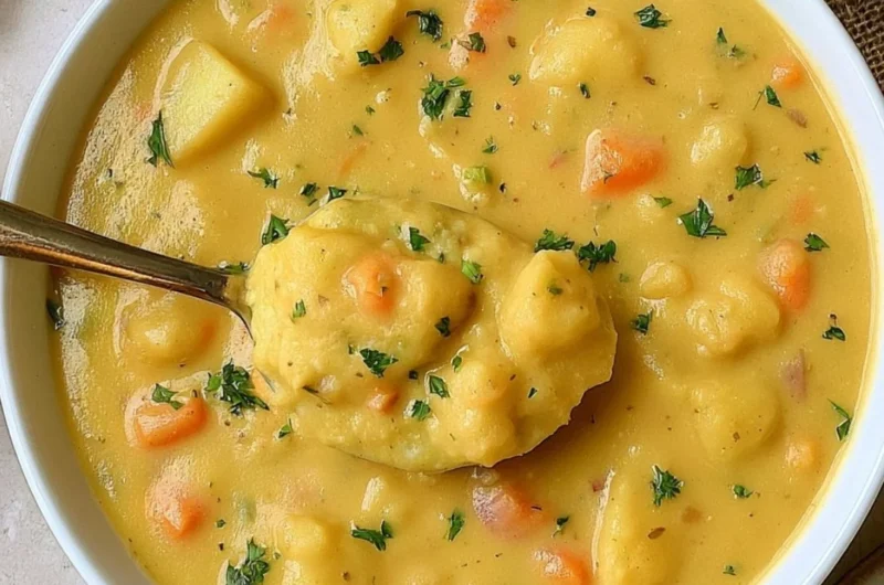 Bowl of creamy German potato soup topped with fresh herbs