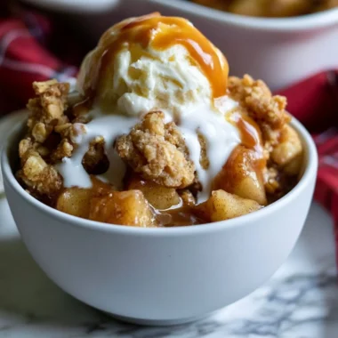 Bowl of gluten-free apple crisp topped with a scoop of vanilla ice cream