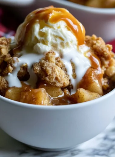 Bowl of gluten-free apple crisp topped with a scoop of vanilla ice cream