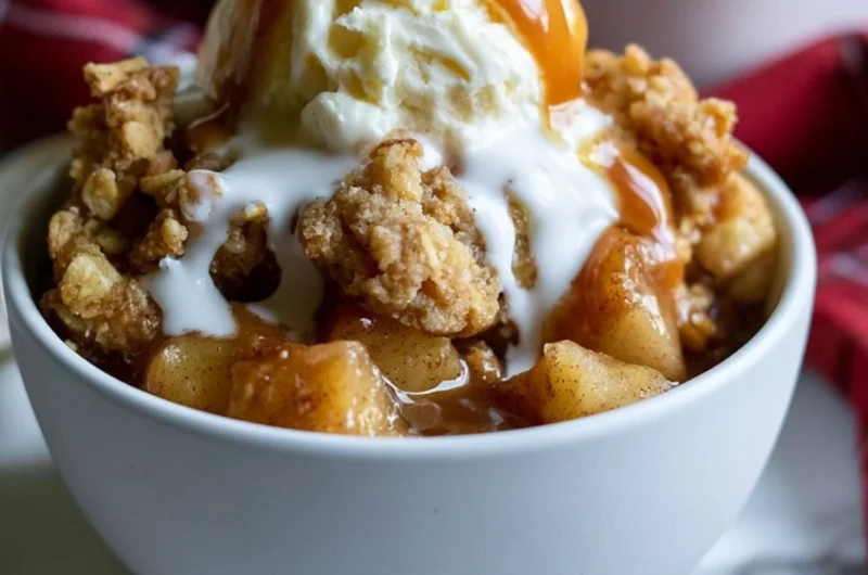Bowl of gluten-free apple crisp topped with a scoop of vanilla ice cream