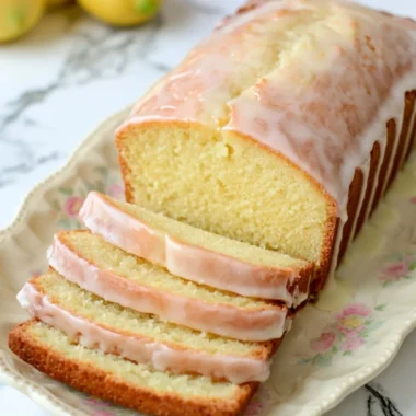 Gluten-free lemon loaf with sweet glaze on a wooden table