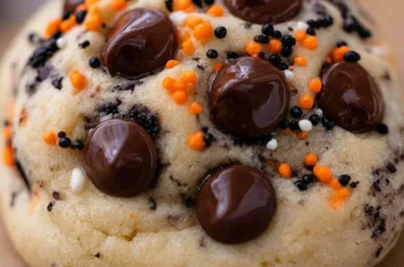 Halloween Oreo Stuffed Chocolate Chip Cookies on a spooky-themed plate.