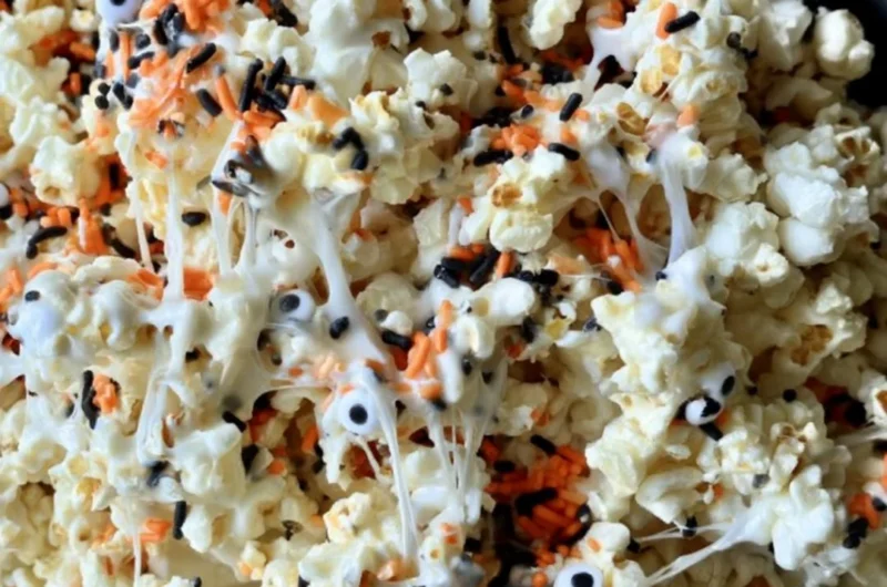 Bowl of colorful Halloween popcorn with spooky decorations