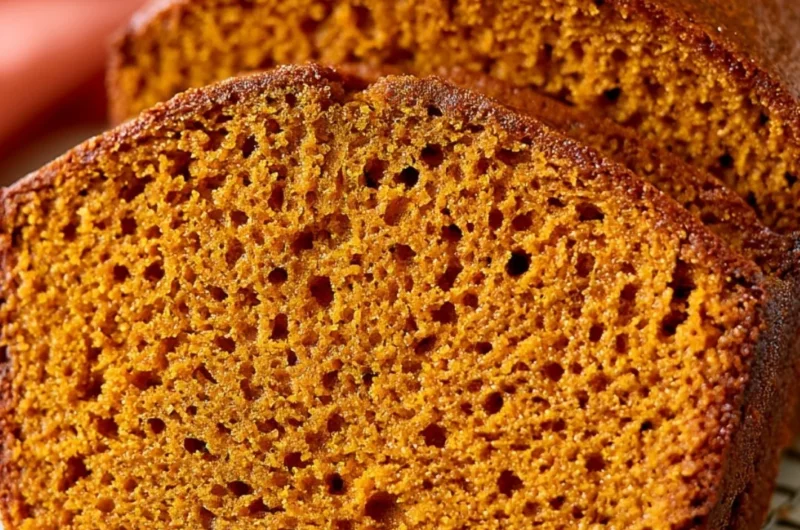 Slice of healthy pumpkin bread on a wooden table with autumn decorations.