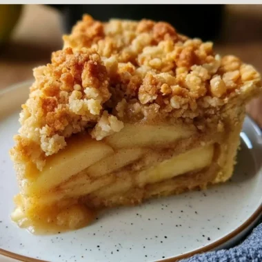 Homemade Dutch Apple Pie on a wooden table with a slice cut out