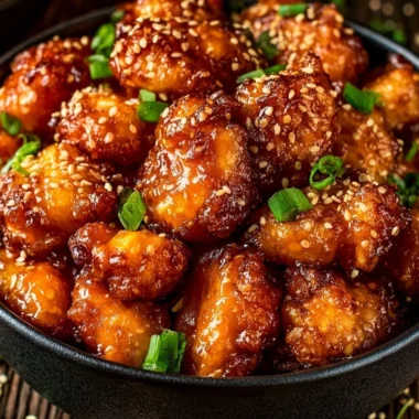 Homemade orange chicken served with rice and garnished with green onions