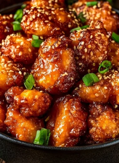 Homemade orange chicken served with rice and garnished with green onions