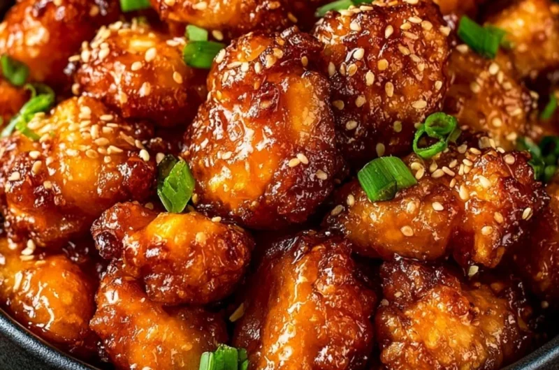 Homemade orange chicken served with rice and garnished with green onions