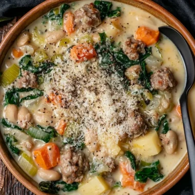 Italian Sausage and White Bean Soup garnished with parsley