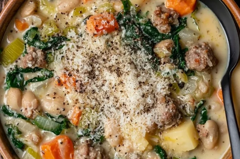 Italian Sausage and White Bean Soup garnished with parsley