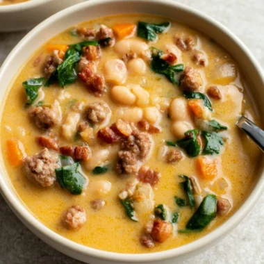 Bowl of Italian Sausage White Bean Soup garnished with herbs