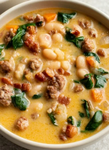 Bowl of Italian Sausage White Bean Soup garnished with herbs