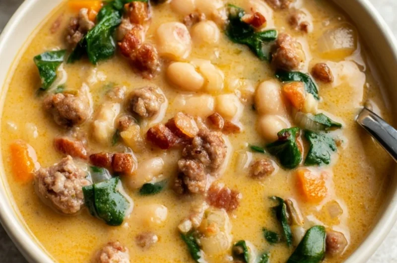 Bowl of Italian Sausage White Bean Soup garnished with herbs