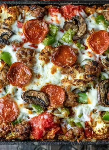 Low carb pizza casserole topped with cheese and pepperoni in a baking dish