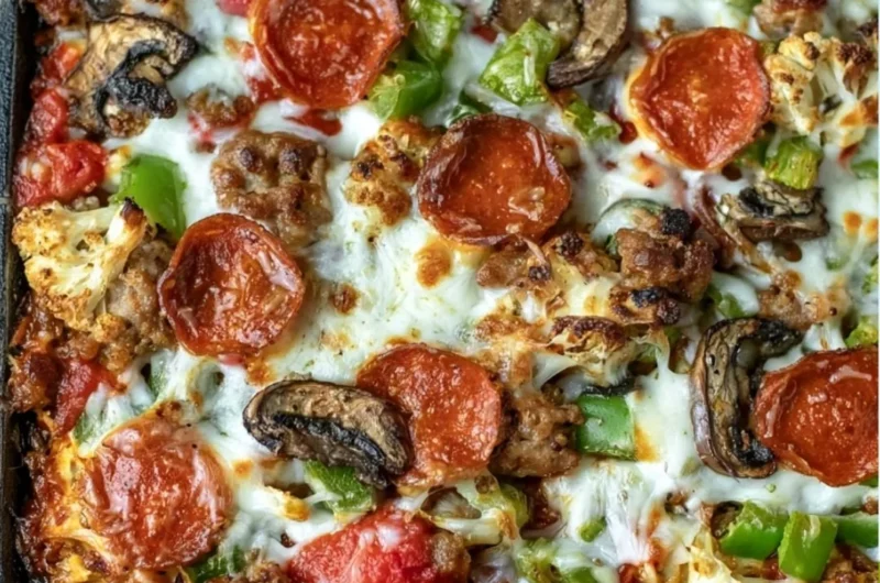 Low carb pizza casserole topped with cheese and pepperoni in a baking dish