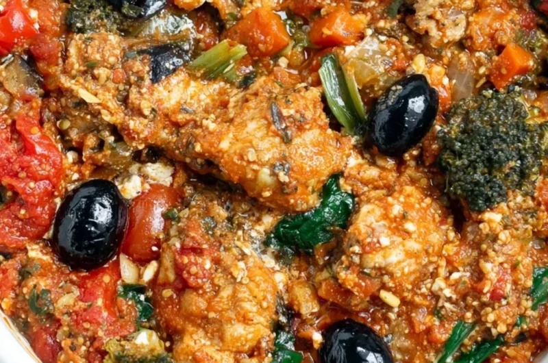 Plate of Mediterranean Chicken with vegetables and herbs
