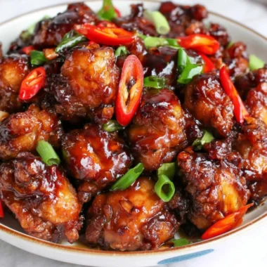 Plate of Mongolian Chicken served with vegetables and rice in a flavorful sauce.