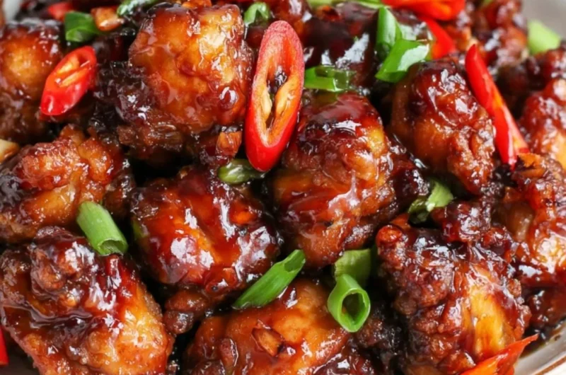 Plate of Mongolian Chicken served with vegetables and rice in a flavorful sauce.