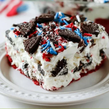 Delicious No Bake Fireworks Oreo Cheesecake Bars with vibrant toppings