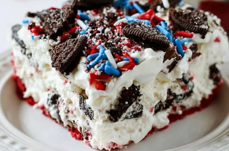Delicious No Bake Fireworks Oreo Cheesecake Bars with vibrant toppings