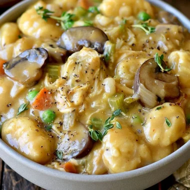 One Pot Gnocchi Chicken Pot Pie ready to serve warm in a rustic bowl