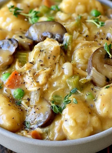 One Pot Gnocchi Chicken Pot Pie ready to serve warm in a rustic bowl