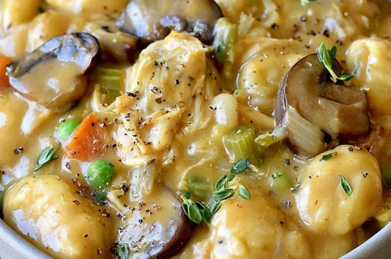 One Pot Gnocchi Chicken Pot Pie ready to serve warm in a rustic bowl