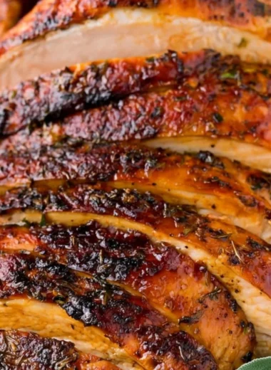 Oven roasted turkey breast garnished with herbs and spices