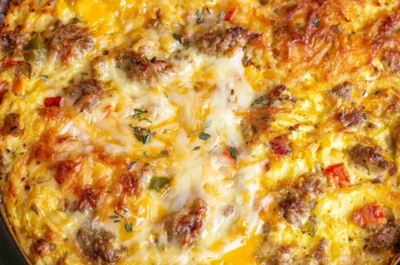 Overnight crockpot breakfast casserole with eggs, cheese, and veggies