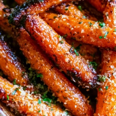 Parmesan Garlic Roasted Carrots garnished with herbs on a serving platter.