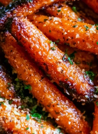Parmesan Garlic Roasted Carrots garnished with herbs on a serving platter.