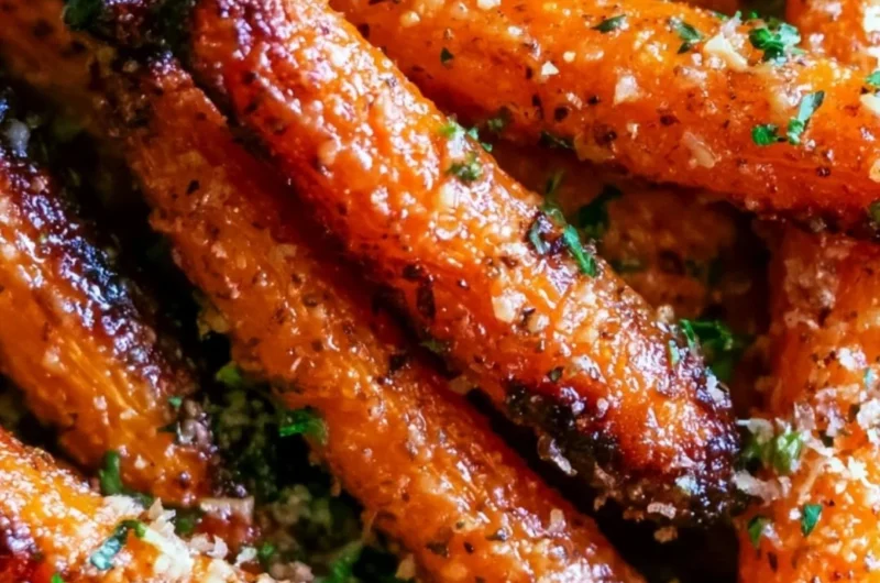 Parmesan Garlic Roasted Carrots garnished with herbs on a serving platter.