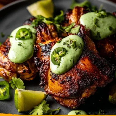 Peruvian grilled chicken served with creamy green sauce on a plate