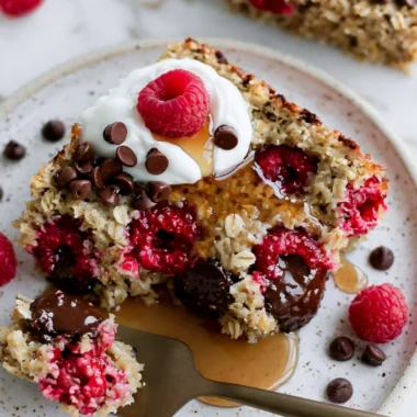 Delicious raspberry chocolate chip baked oatmeal served in a bowl.