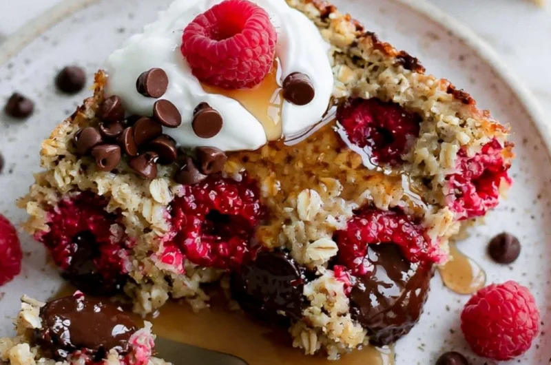 Delicious raspberry chocolate chip baked oatmeal served in a bowl.