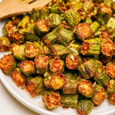 Delicious roasted okra served on a plate