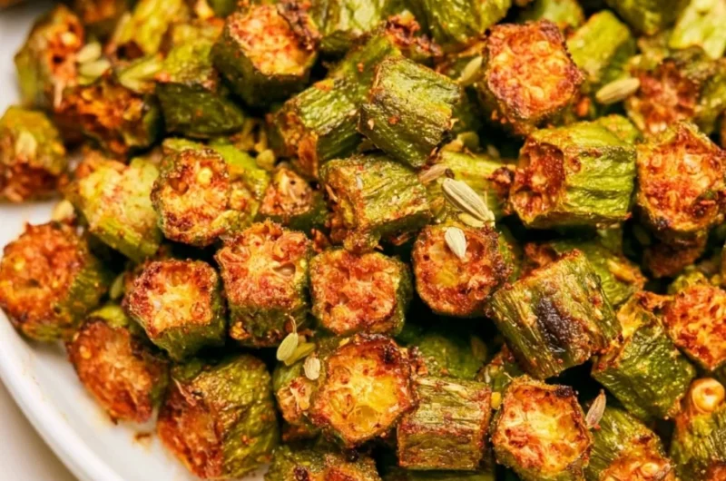 Delicious roasted okra served on a plate
