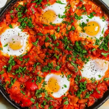 Colorful Shakshuka with poached eggs and vibrant tomato sauce in a skillet