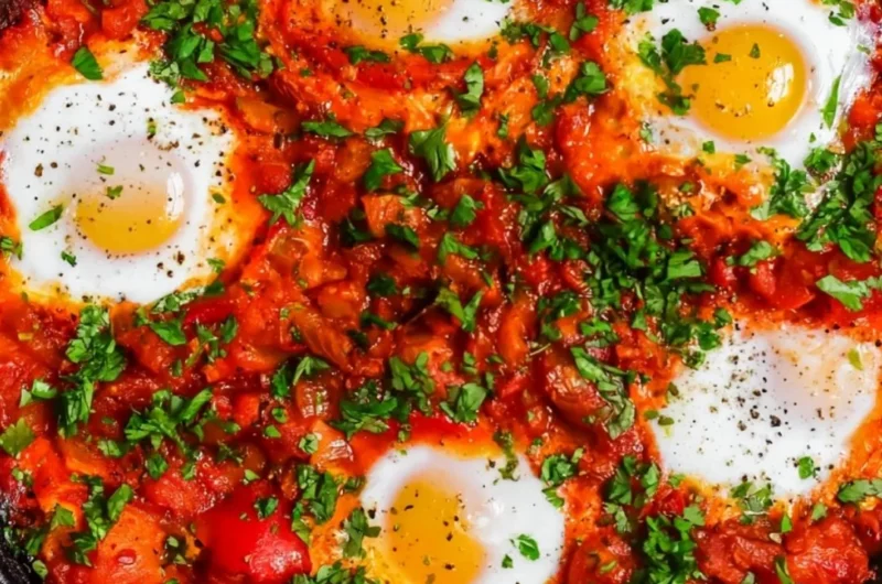 Colorful Shakshuka with poached eggs and vibrant tomato sauce in a skillet