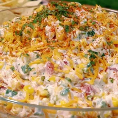 Delicious cold street corn dip served in a bowl with toppings for parties