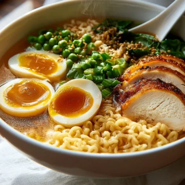 Delicious slow cooker beef ramen garnished with green onions and sesame seeds.
