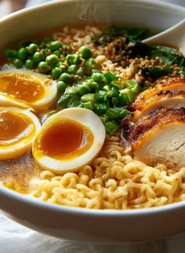 Delicious slow cooker beef ramen garnished with green onions and sesame seeds.
